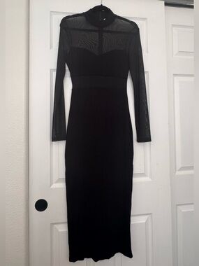 Petal & Pup Black Sheer-Panel Long Sleeve Midi Dress